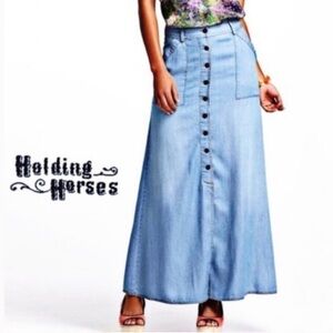 Anthropologie Holding Horses Chambray Denim Tencel Button-Down Maxi Skirt 12